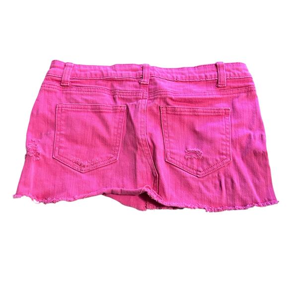 Y2K Wet Seal Pink Low Rise Micro Mini Skirt Size 7 Distressed Denim Stretch - Picture 2 of 4